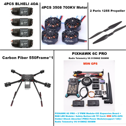 B-CUBE 550 Hexa Frame PIXHAWK  6C PRO M9N Flight Control Carbon Ardupilot Radio Telemetry Quadcopter  40A 3508 700KV Motor ESC
