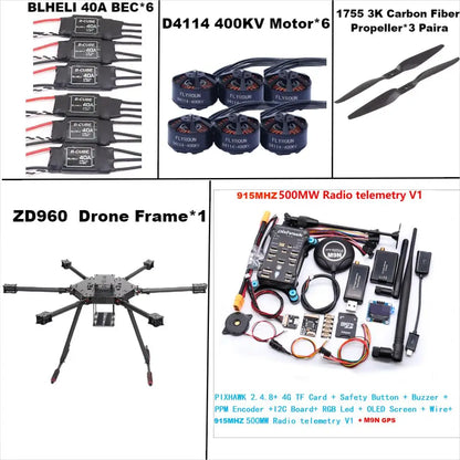 ZD960 PIXHAWK2.4.8 M9N Full Carbon Fiber  Hexa-Rotor Frame BLHELI 40A ESC Flight Comtrol Rado Telemetry Set