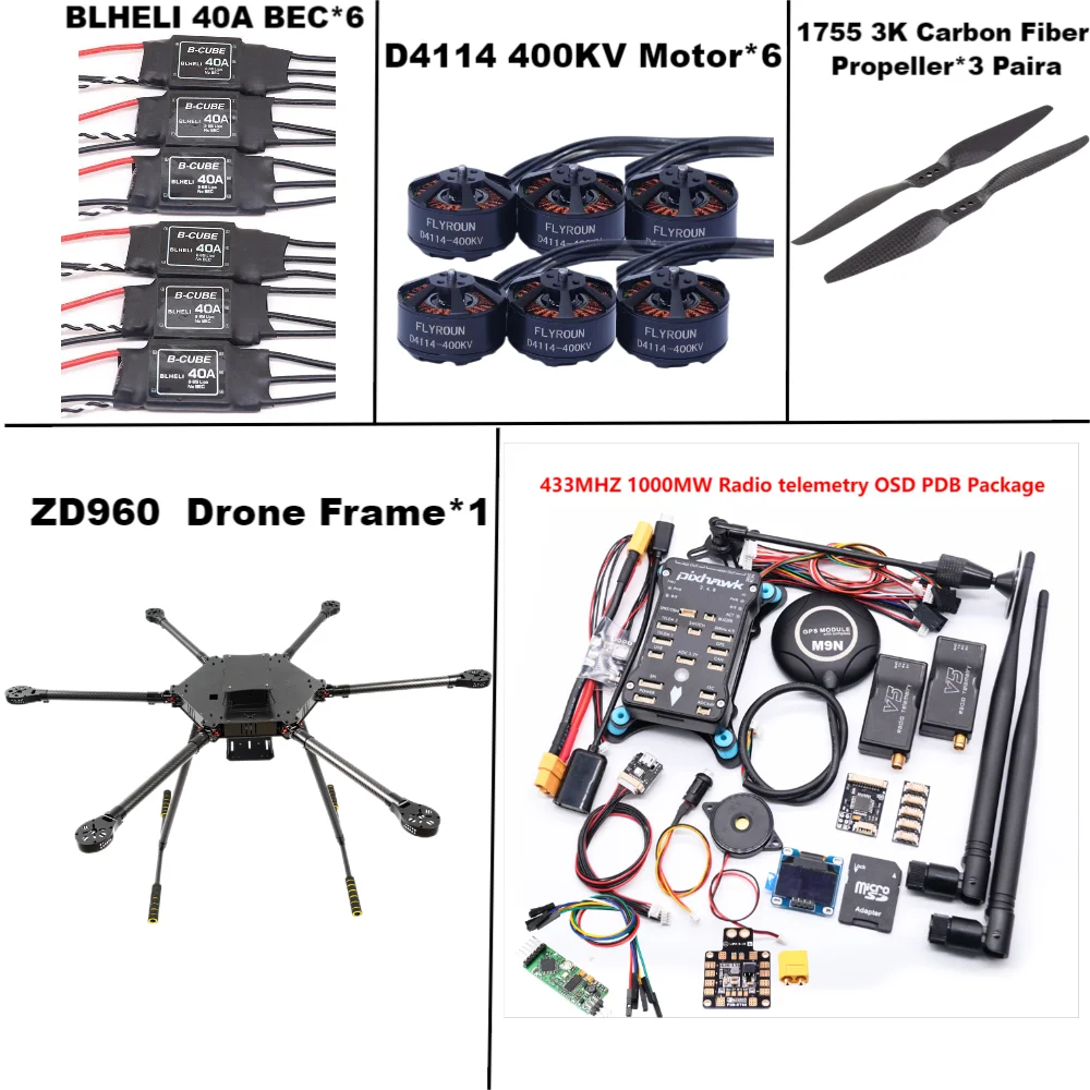 ZD960 PIXHAWK2.4.8 M9N Full Carbon Fiber  Hexa-Rotor Frame BLHELI 40A ESC Flight Comtrol Rado Telemetry Set