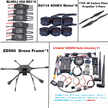 ZD960 PIXHAWK2.4.8 M9N Full Carbon Fiber  Hexa-Rotor Frame BLHELI 40A ESC Flight Comtrol Rado Telemetry Set