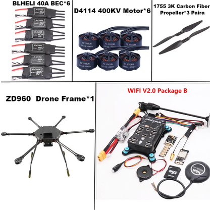 ZD960 PIXHAWK2.4.8 M9N Full Carbon Fiber  Hexa-Rotor Frame BLHELI 40A ESC Flight Comtrol Rado Telemetry Set