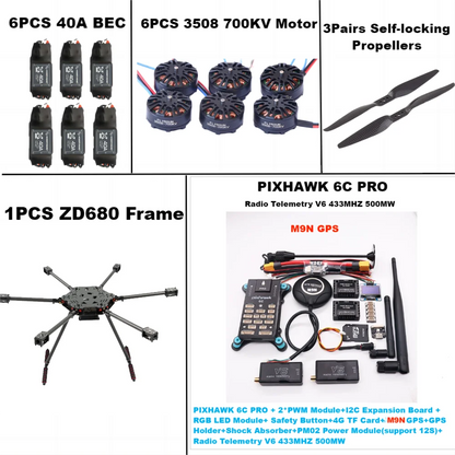 B-CUBE ZD680  6C PRO M9N Full Carbon Fiber Hexa-Rotor Foldable Arm Hexacopter Frame Kit  PIXHAWK with Unflodable Landing Gear