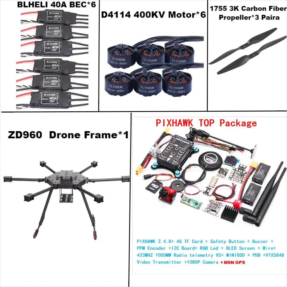 ZD960 PIXHAWK2.4.8 M9N Full Carbon Fiber  Hexa-Rotor Frame BLHELI 40A ESC Flight Comtrol Rado Telemetry Set