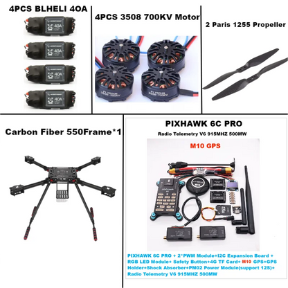 B-CUBE 550 Hexa Frame PIXHAWK  6C PRO M10 Flight Control Carbon Ardupilot Radio Telemetry Quadcopter  40A 3508 700KV Motor ESC