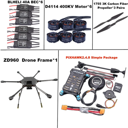 ZD960 PIXHAWK2.4.8 M9N Full Carbon Fiber  Hexa-Rotor Frame BLHELI 40A ESC Flight Comtrol Rado Telemetry Set