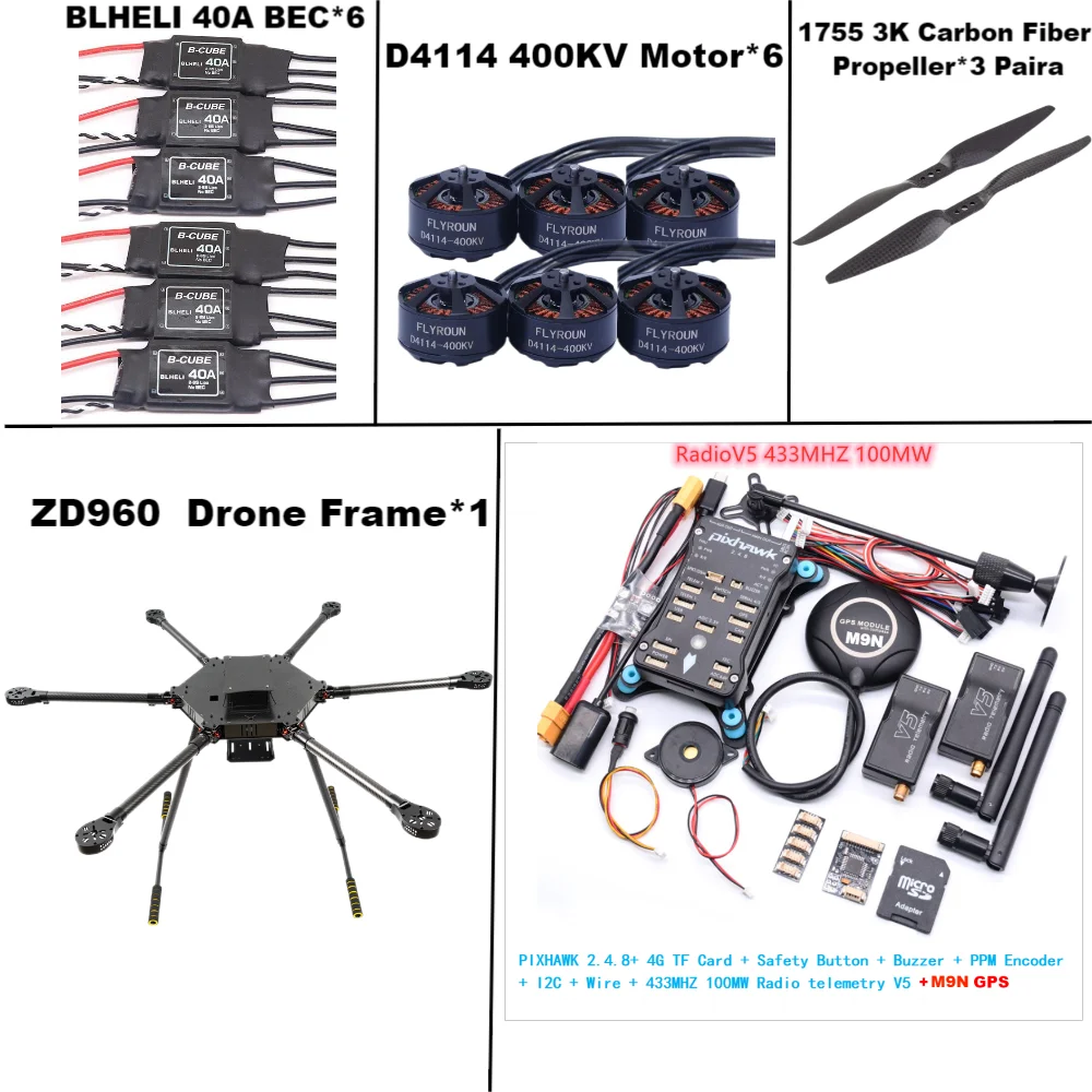 ZD960 PIXHAWK2.4.8 M9N Full Carbon Fiber  Hexa-Rotor Frame BLHELI 40A ESC Flight Comtrol Rado Telemetry Set