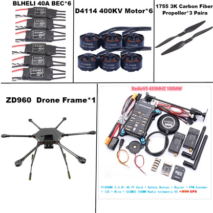 ZD960 PIXHAWK2.4.8 M9N Full Carbon Fiber  Hexa-Rotor Frame BLHELI 40A ESC Flight Comtrol Rado Telemetry Set