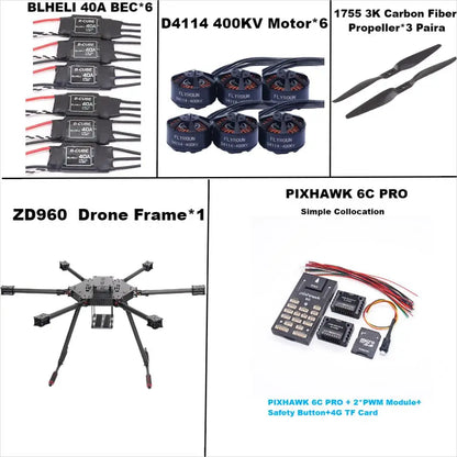 ZD960 PIXHAWK 6C PRO M8N Full Carbon Fiber  Hexa-Rotor Frame BLHELI 40A ESC Flight Comtrol Rado Telemetry Set