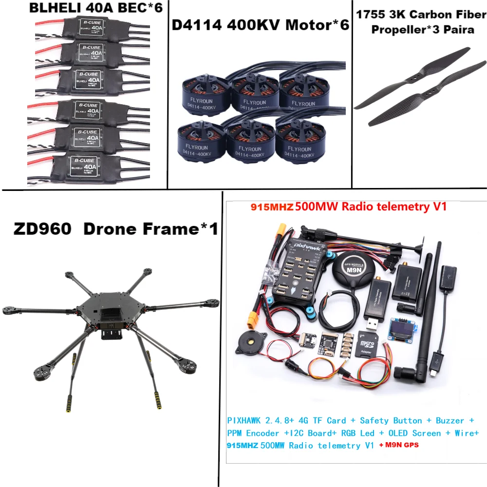 ZD960 PIXHAWK2.4.8 M9N Full Carbon Fiber  Hexa-Rotor Frame BLHELI 40A ESC Flight Comtrol Rado Telemetry Set