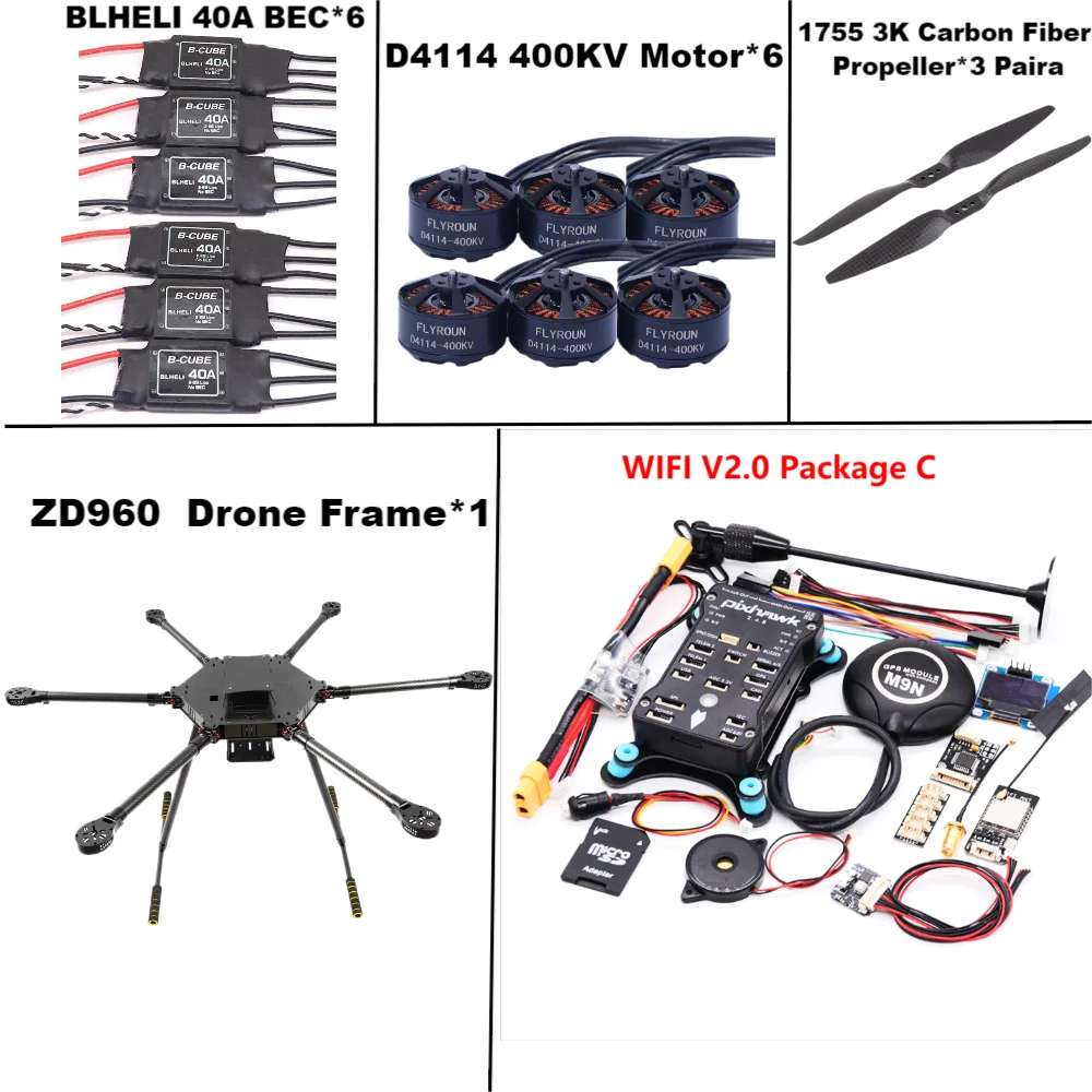 ZD960 PIXHAWK2.4.8 M9N Full Carbon Fiber  Hexa-Rotor Frame BLHELI 40A ESC Flight Comtrol Rado Telemetry Set