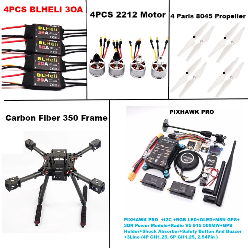 B-CUBE Carbon Fiber 350  PIXHAWK PRO M8N KitFlight Control Ardupilot Radio Telemetry Quadcopter BLHELI 30A 2212 Motor ESC