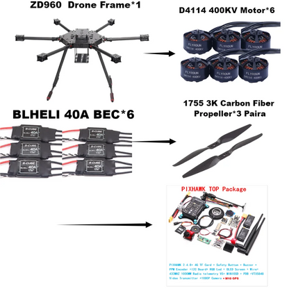 ZD960 PIXHAWK2.4.8 M10 Full Carbon Fiber  Hexa-Rotor Frame BLHELI 40A ESC Flight Comtrol Rado Telemetry Set