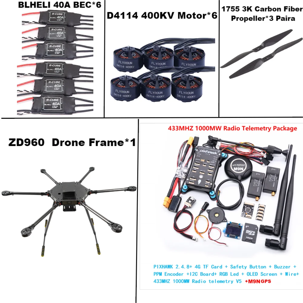 ZD960 PIXHAWK2.4.8 M9N Full Carbon Fiber  Hexa-Rotor Frame BLHELI 40A ESC Flight Comtrol Rado Telemetry Set
