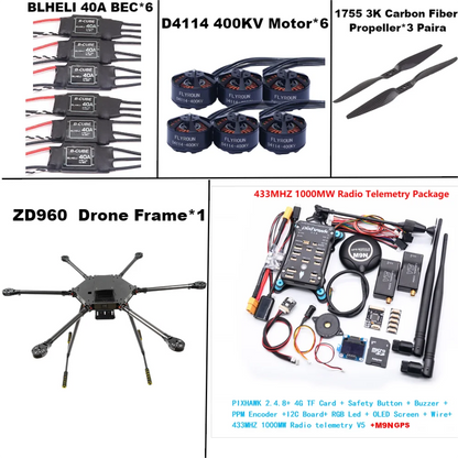 ZD960 PIXHAWK2.4.8 M9N Full Carbon Fiber  Hexa-Rotor Frame BLHELI 40A ESC Flight Comtrol Rado Telemetry Set