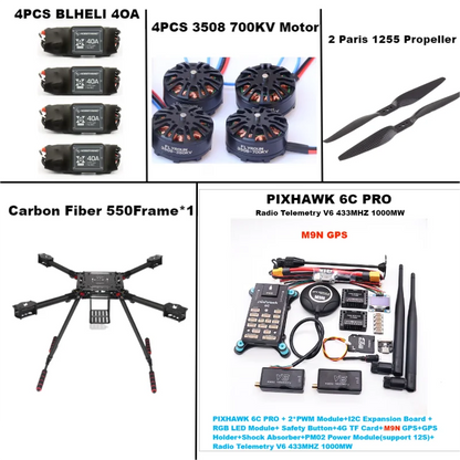 B-CUBE 550 Hexa Frame PIXHAWK  6C PRO M9N Flight Control Carbon Ardupilot Radio Telemetry Quadcopter  40A 3508 700KV Motor ESC