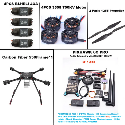 B-CUBE 550 Hexa Frame PIXHAWK  6C PRO M10 Flight Control Carbon Ardupilot Radio Telemetry Quadcopter  40A 3508 700KV Motor ESC