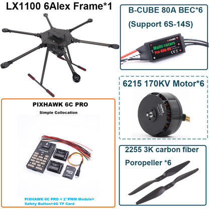 LX1100 6C PRO M8N Full Carbon Fiber 1100mm Hexa-Rotor Frame B-CUBE 80A ESC PX4 Pixhawk Flight Control Set 6215 Motor