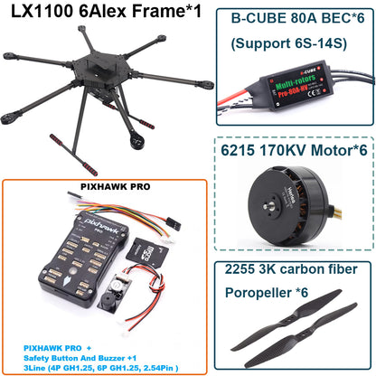 LX1100  PRO M8N Full Carbon Fiber 1100mm Hexa-Rotor Frame B-CUBE 80A ESC PX4 Pixhawk Flight Control Set 6215 Motor
