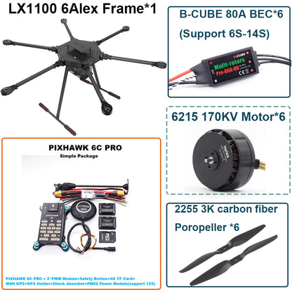 LX1100 6C PRO M8N Full Carbon Fiber 1100mm Hexa-Rotor Frame B-CUBE 80A ESC PX4 Pixhawk Flight Control Set 6215 Motor