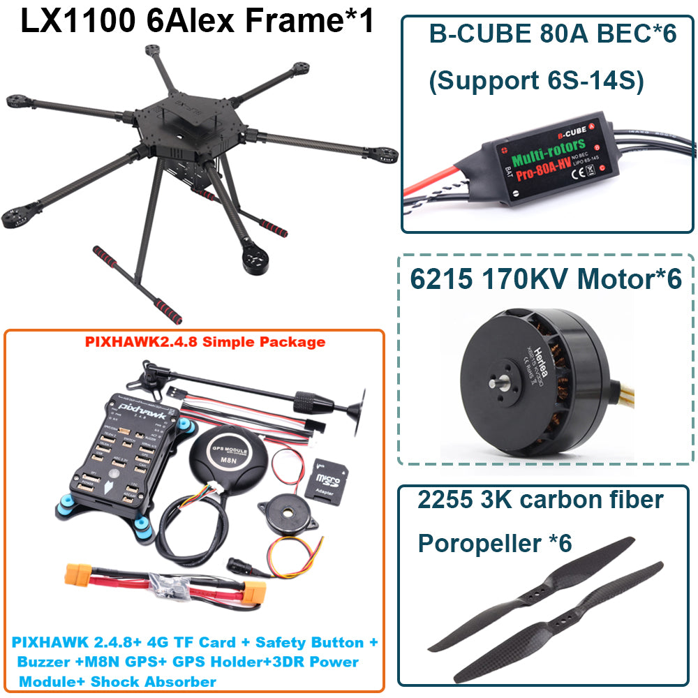LX1100 Pixhawk 2.4.8 M8N  Flight Control Set  Full Carbon Fiber 1100mm Hexa-Rotor Frame B-CUBE 80A ESC PX4 6215 Motor