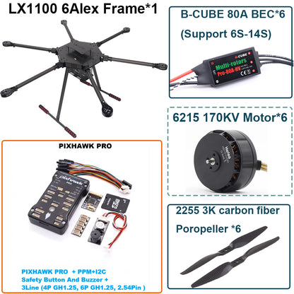 LX1100  PRO M8N Full Carbon Fiber 1100mm Hexa-Rotor Frame B-CUBE 80A ESC PX4 Pixhawk Flight Control Set 6215 Motor