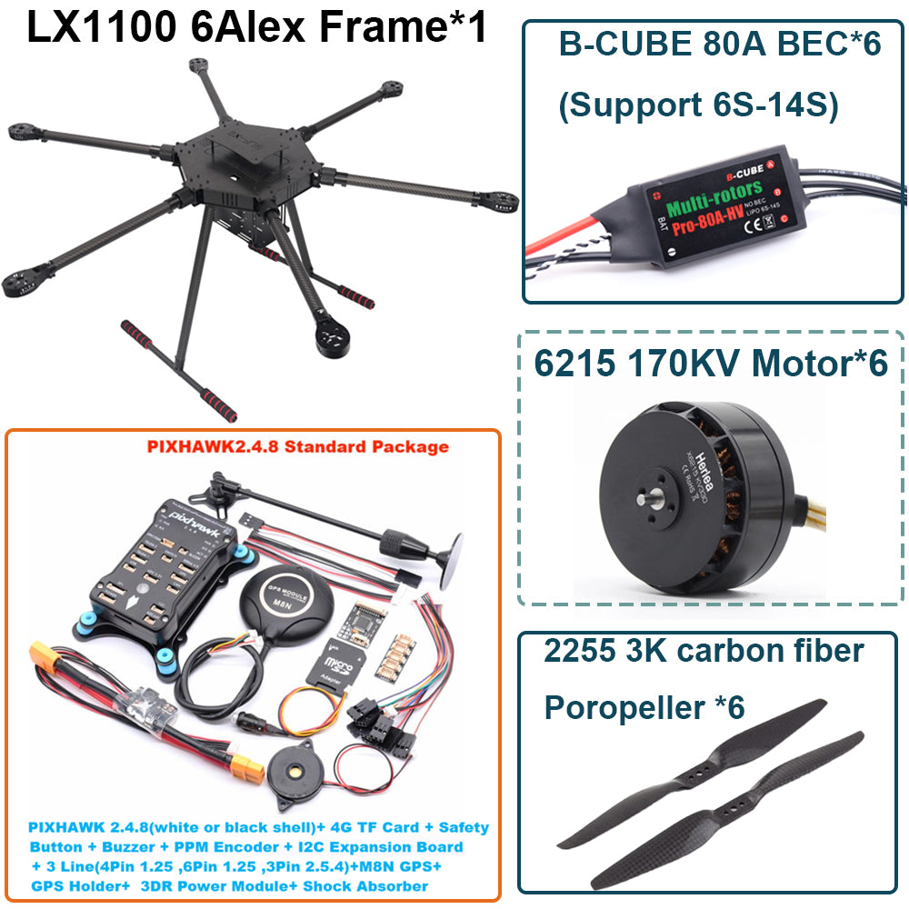 LX1100 Pixhawk 2.4.8 M8N  Flight Control Set  Full Carbon Fiber 1100mm Hexa-Rotor Frame B-CUBE 80A ESC PX4 6215 Motor