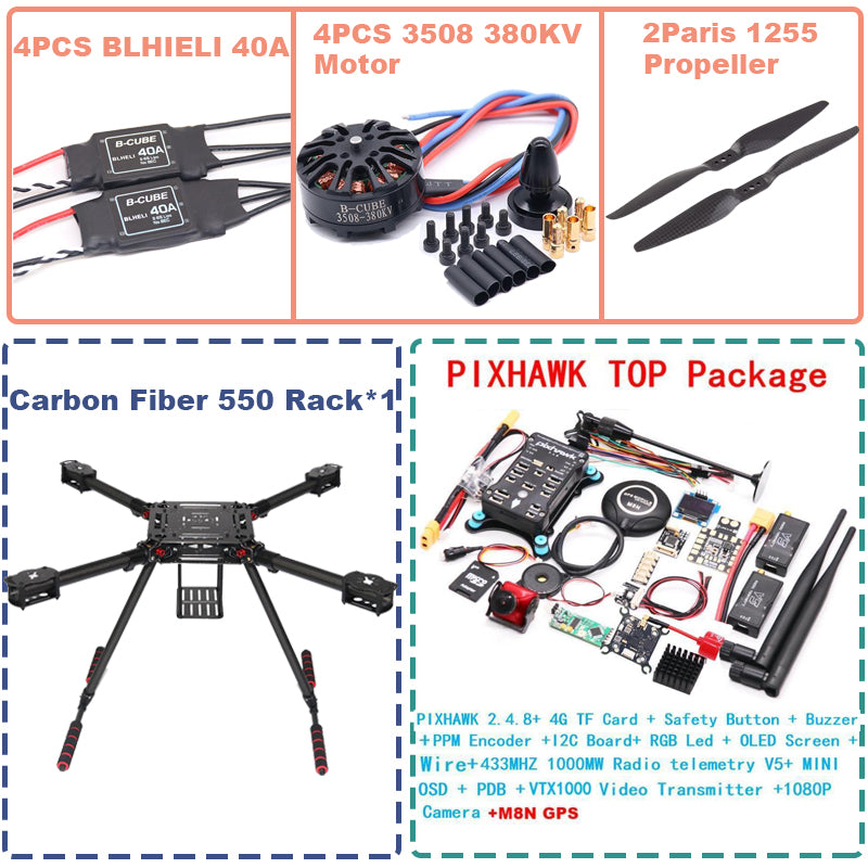 B-CUBE 550 Hexa Frame PIXHAWK2.4.8 M8N Flight Control Carbon Ardupilot Radio Telemetry Quadcopter BLHELI 40A 3508 380KV Motor ESC
