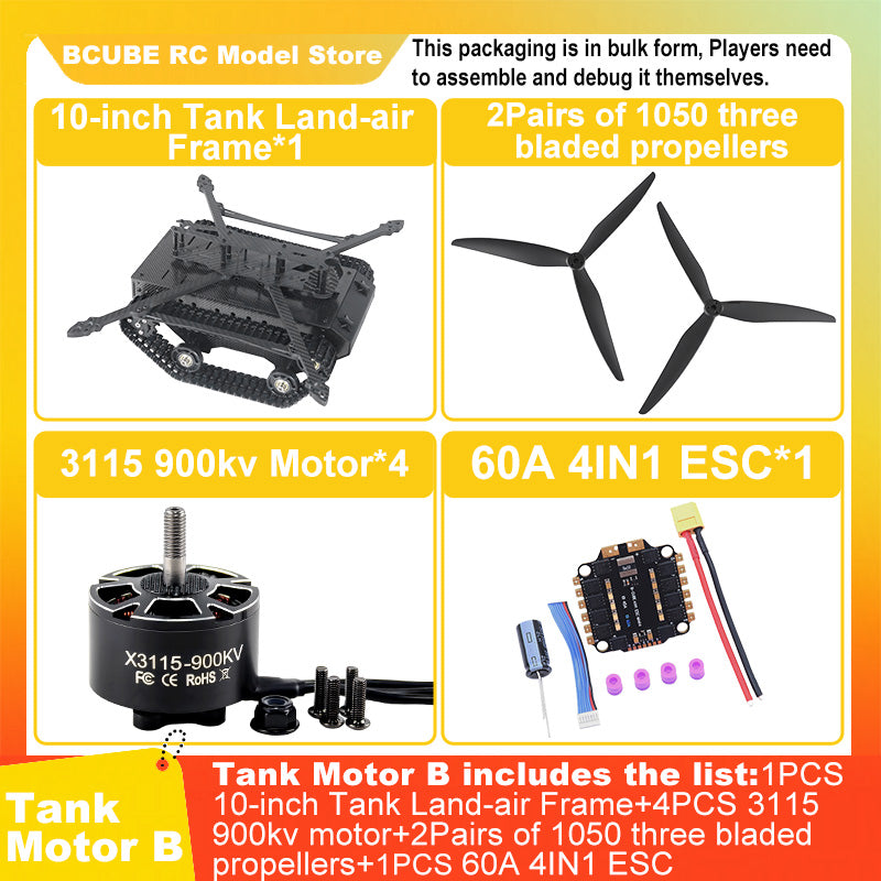 B-CUBE 10-inch Tank Land-air FPV Drone Frame Kit Carbon Fiber Racing Quadcopter Car INAV Beatflight H743 F745 Flight Control