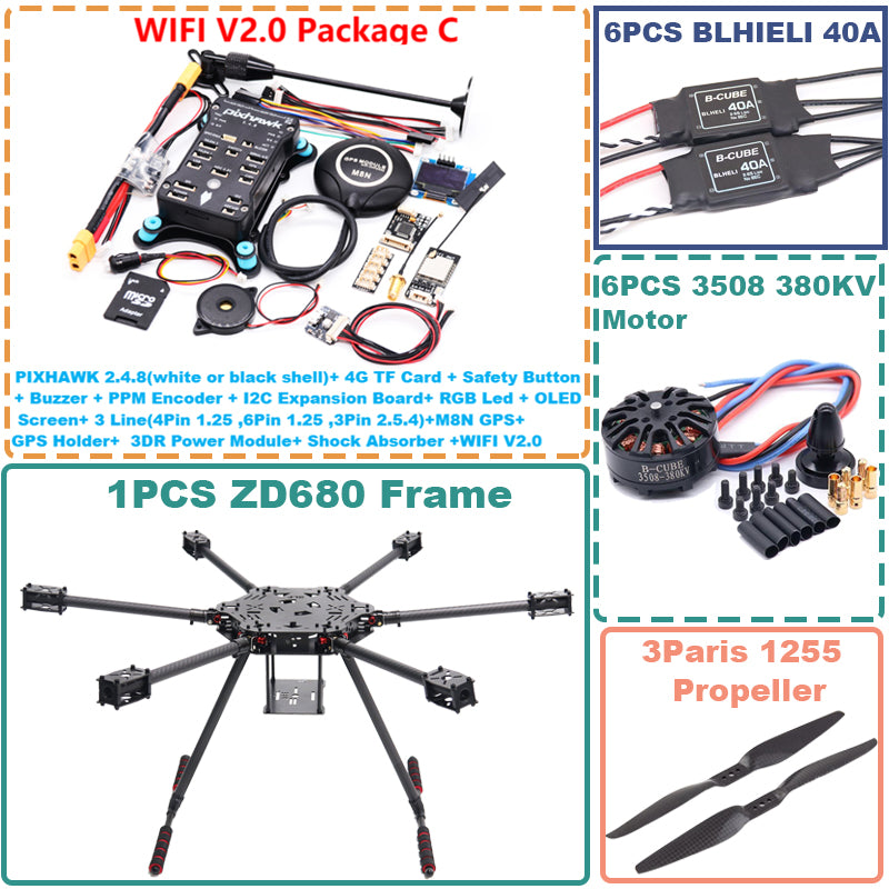B-CUBE ZD680  PIXHAWK 2.4.8 Full Carbon Fiber Hexa-Rotor Foldable Arm Hexacopter Frame Kit forCopter with Unflodable Landing Gear