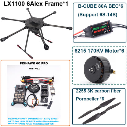 LX1100 6C PRO M8N Full Carbon Fiber 1100mm Hexa-Rotor Frame B-CUBE 80A ESC PX4 Pixhawk Flight Control Set 6215 Motor