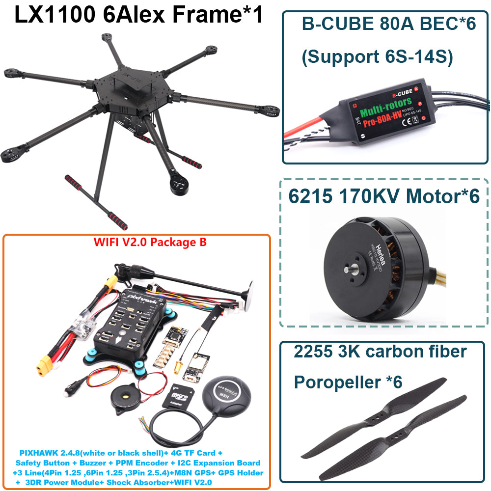 LX1100 Pixhawk 2.4.8 M8N  Flight Control Set  Full Carbon Fiber 1100mm Hexa-Rotor Frame B-CUBE 80A ESC PX4 6215 Motor