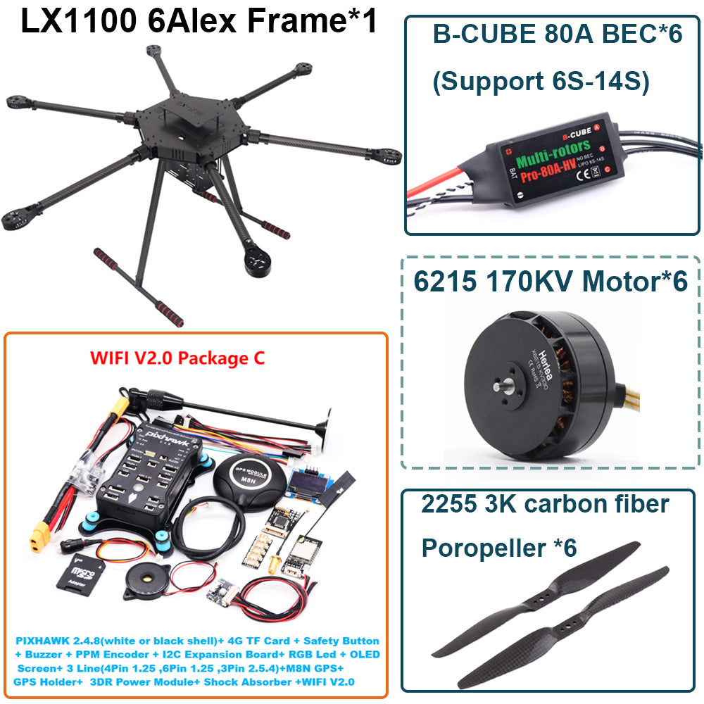 LX1100 Pixhawk 2.4.8 M8N  Flight Control Set  Full Carbon Fiber 1100mm Hexa-Rotor Frame B-CUBE 80A ESC PX4 6215 Motor