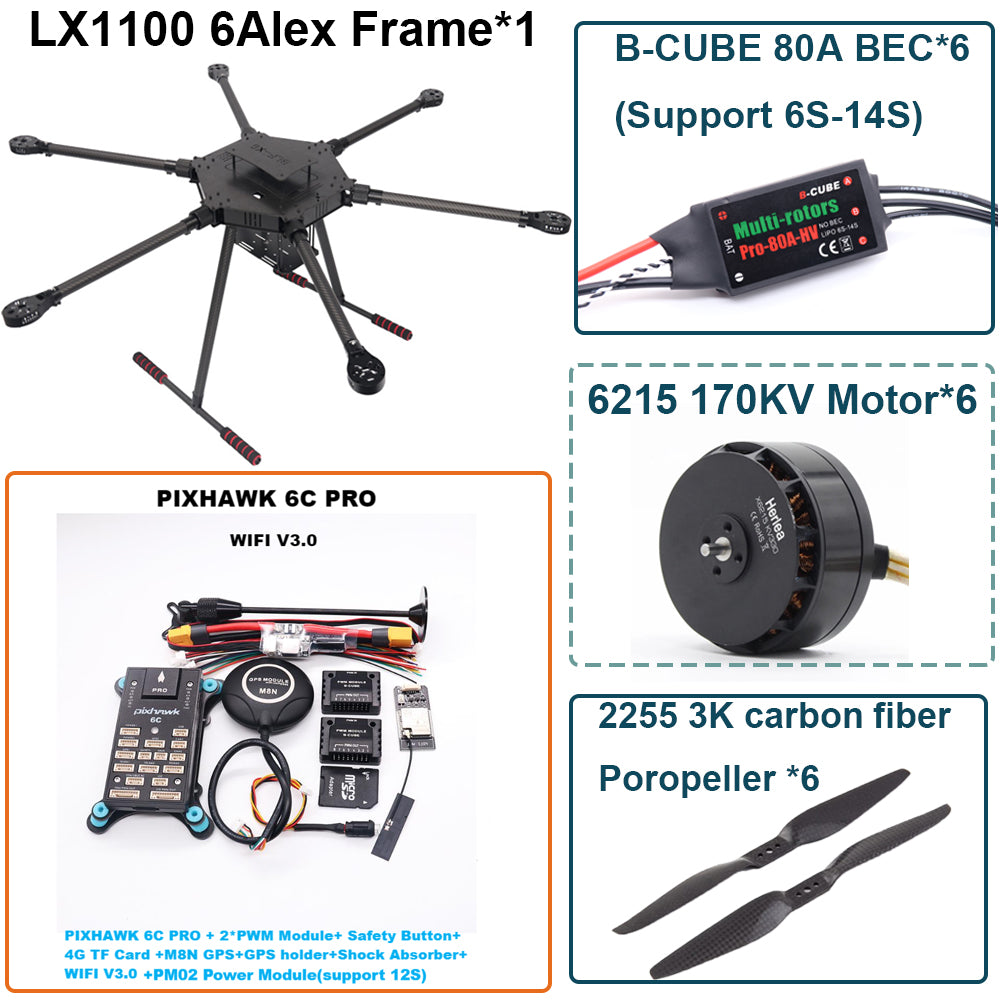 LX1100 6C PRO M8N Full Carbon Fiber 1100mm Hexa-Rotor Frame B-CUBE 80A ESC PX4 Pixhawk Flight Control Set 6215 Motor