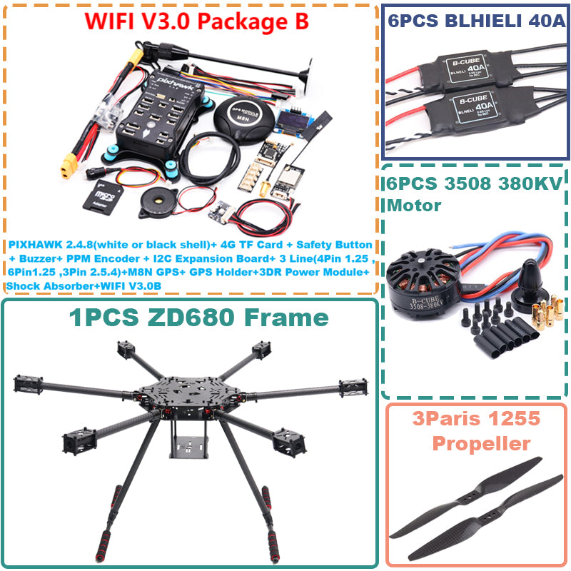 B-CUBE ZD680  PIXHAWK 2.4.8 Full Carbon Fiber Hexa-Rotor Foldable Arm Hexacopter Frame Kit forCopter with Unflodable Landing Gear