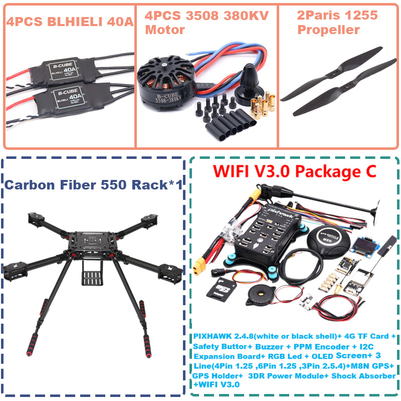 B-CUBE 550 Hexa Frame PIXHAWK2.4.8 M8N Flight Control Carbon Ardupilot Radio Telemetry Quadcopter BLHELI 40A 3508 380KV Motor ESC