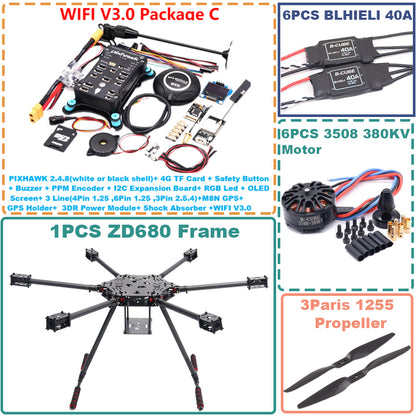 B-CUBE ZD680  PIXHAWK 2.4.8 Full Carbon Fiber Hexa-Rotor Foldable Arm Hexacopter Frame Kit forCopter with Unflodable Landing Gear