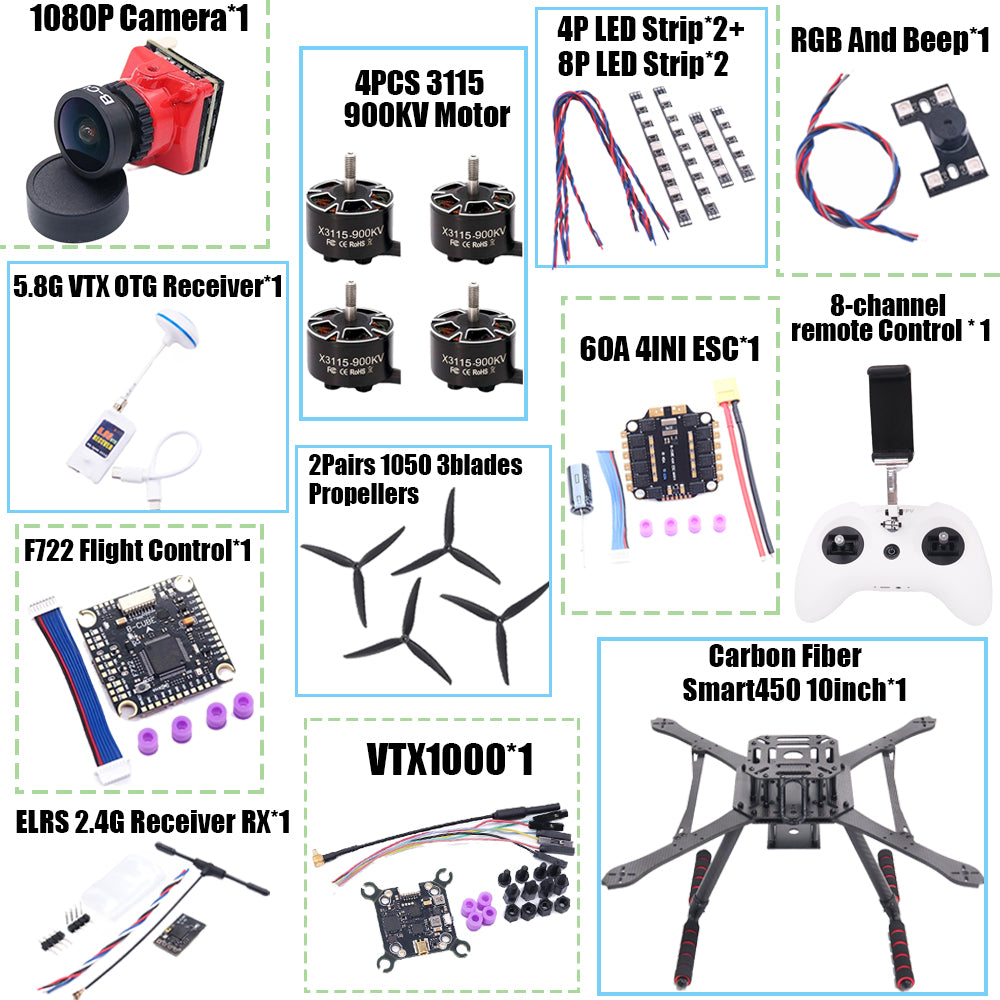 B-CUBE Smart380 450 9/10inch FPV Drone Frame Kit Carbon Fiber Racing Quadcopter Freestyle INAV Beatflight F722 Flight Control