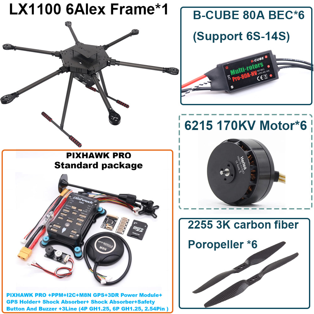 LX1100  PRO M8N Full Carbon Fiber 1100mm Hexa-Rotor Frame B-CUBE 80A ESC PX4 Pixhawk Flight Control Set 6215 Motor