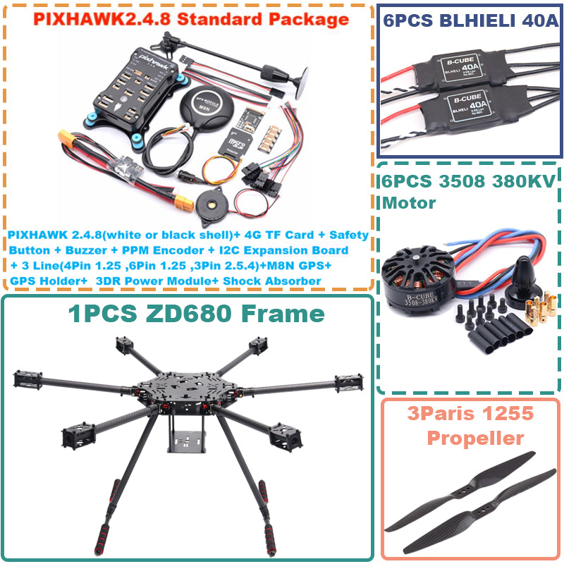 B-CUBE ZD680  PIXHAWK 2.4.8 Full Carbon Fiber Hexa-Rotor Foldable Arm Hexacopter Frame Kit forCopter with Unflodable Landing Gear