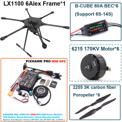 LX1100 PRO M9N Full Carbon Fiber 1100mm Hexa-Rotor Frame B-CUBE 80A ESC PX4 Pixhawk Flight Control Set 6215 Motor