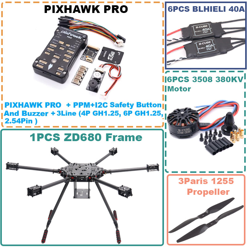 B-CUBE ZD680 PRO M8N Full Carbon Fiber Hexa-Rotor Foldable Arm Hexacopter Frame Kit  PIXHAWK with Unflodable Landing Gear