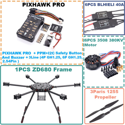 B-CUBE ZD680 PRO M8N Full Carbon Fiber Hexa-Rotor Foldable Arm Hexacopter Frame Kit  PIXHAWK with Unflodable Landing Gear