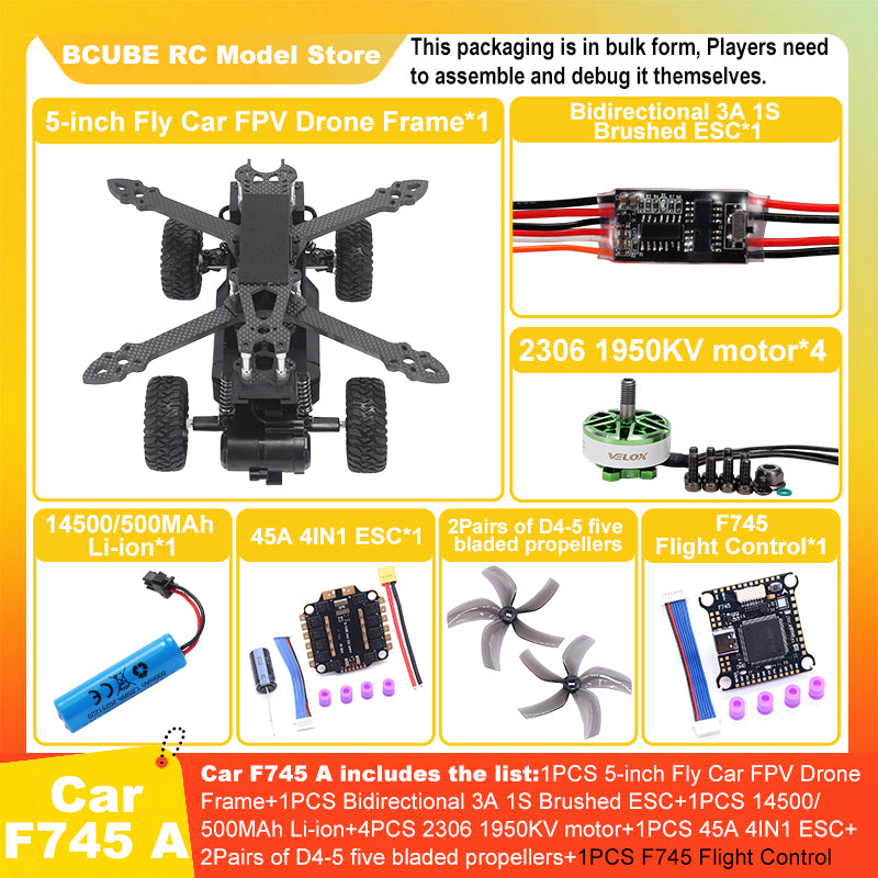 B-CUBE 5-inch Flying Car FPV Drone Frame Kit Carbon Fiber Racing Quadcopter BF INAV F722 H743 F745 Flight Control