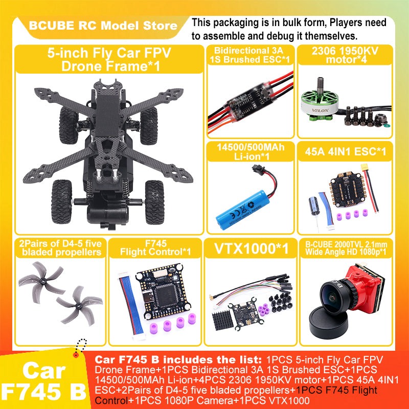 B-CUBE 5-inch Flying Car FPV Drone Frame Kit Carbon Fiber Racing Quadcopter BF INAV F722 H743 F745 Flight Control