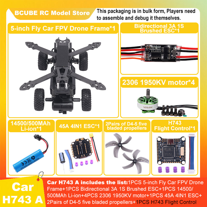 B-CUBE 5-inch Flying Car FPV Drone Frame Kit Carbon Fiber Racing Quadcopter BF INAV F722 H743 F745 Flight Control