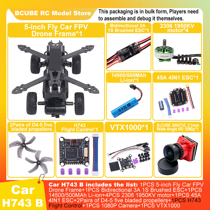 B-CUBE 5-inch Flying Car FPV Drone Frame Kit Carbon Fiber Racing Quadcopter BF INAV F722 H743 F745 Flight Control