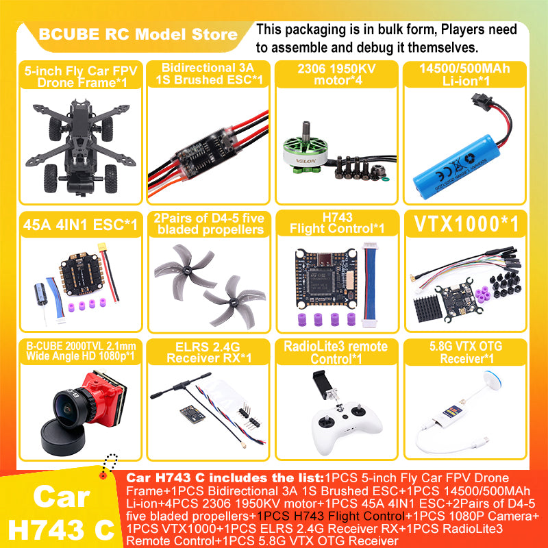 B-CUBE 5-inch Flying Car FPV Drone Frame Kit Carbon Fiber Racing Quadcopter BF INAV F722 H743 F745 Flight Control