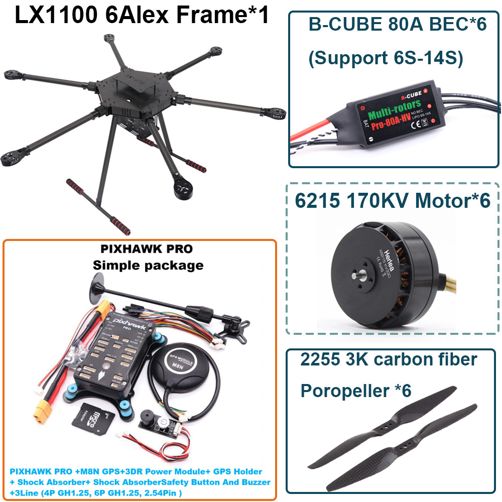 LX1100  PRO M8N Full Carbon Fiber 1100mm Hexa-Rotor Frame B-CUBE 80A ESC PX4 Pixhawk Flight Control Set 6215 Motor