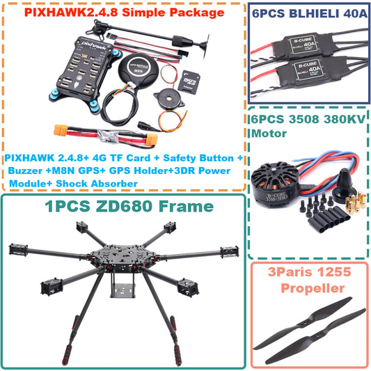 Комплект рамы гексакоптера ZD680 PIXHAWK 2.4.8 из углеродного волокна с шестироторной складной стрелой для коптера с незатопляемым шасси 