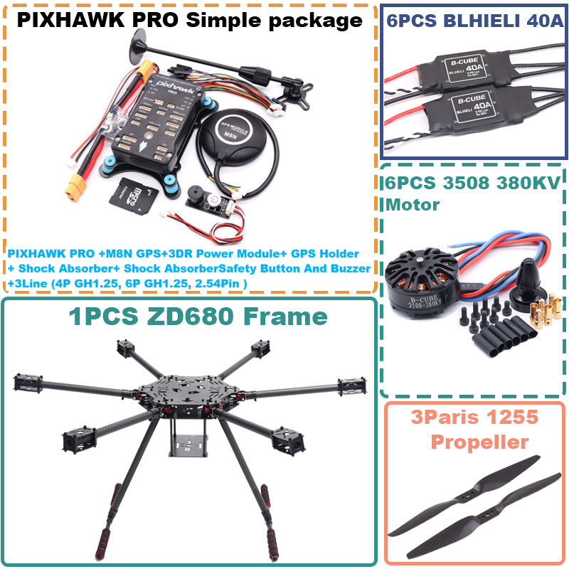B-CUBE ZD680 PRO M8N Full Carbon Fiber Hexa-Rotor Foldable Arm Hexacopter Frame Kit  PIXHAWK with Unflodable Landing Gear